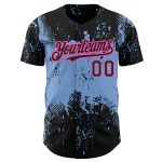 Custom 3D Abstract Splatter Design Baseball Jersey in Black Light Blue-Pink Grunge Style Personalized Black Light Blue-Pink
