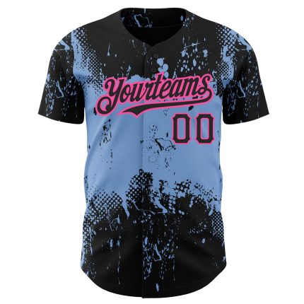 Custom 3D Abstract Splatter Design Baseball Jersey in Black Light Blue-Pink Grunge Style Personalized Black Light Blue-Pink