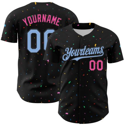 Personalized 3D Confetti Baseball Jersey Black Light Blue Pink Design Personalized Black Light Blue-Pink 3D Confetti Baseball