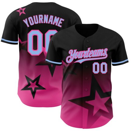Personalized Twinkle Star Baseball Jersey in Black Light Blue-Pink 3D Gradient Style Personalized Black Light Blue-Pink 3D