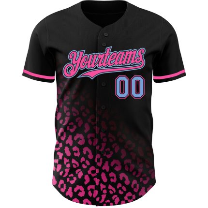 Personalized 3D Leopard Print Baseball Jersey in Black Light Blue-Pink Fade Fashion Design Personalized Black Light Blue-Pink