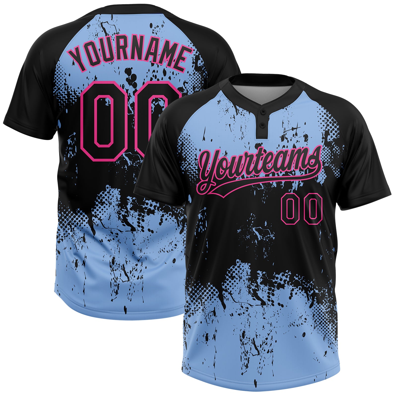 Custom Name Number Unisex Softball Jersey Abstract Splatter Black Light Blue-Pink 3D Pattern Grunge Design Personalized Black