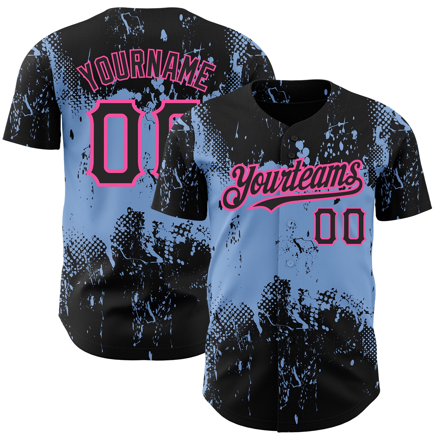 Custom Baseball Jersey with Personalized Name and Number, Black Light Blue-Pink 3D Abstract Grunge Splatter Design Personalized