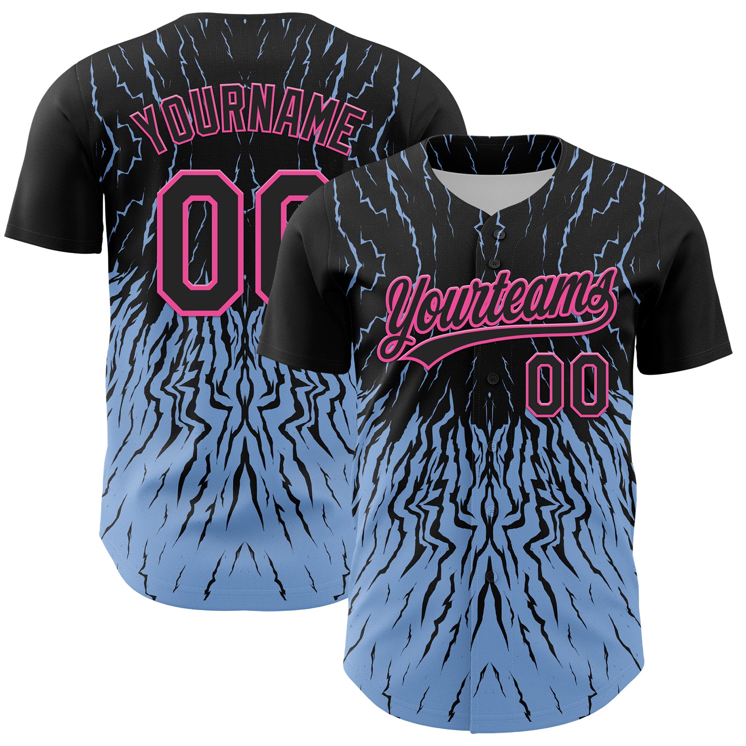 Custom Name and Number Baseball Jersey - Personalized 3D Abstract Wave Design in Black, Light Blue, and Pink - Unique Team Apparel