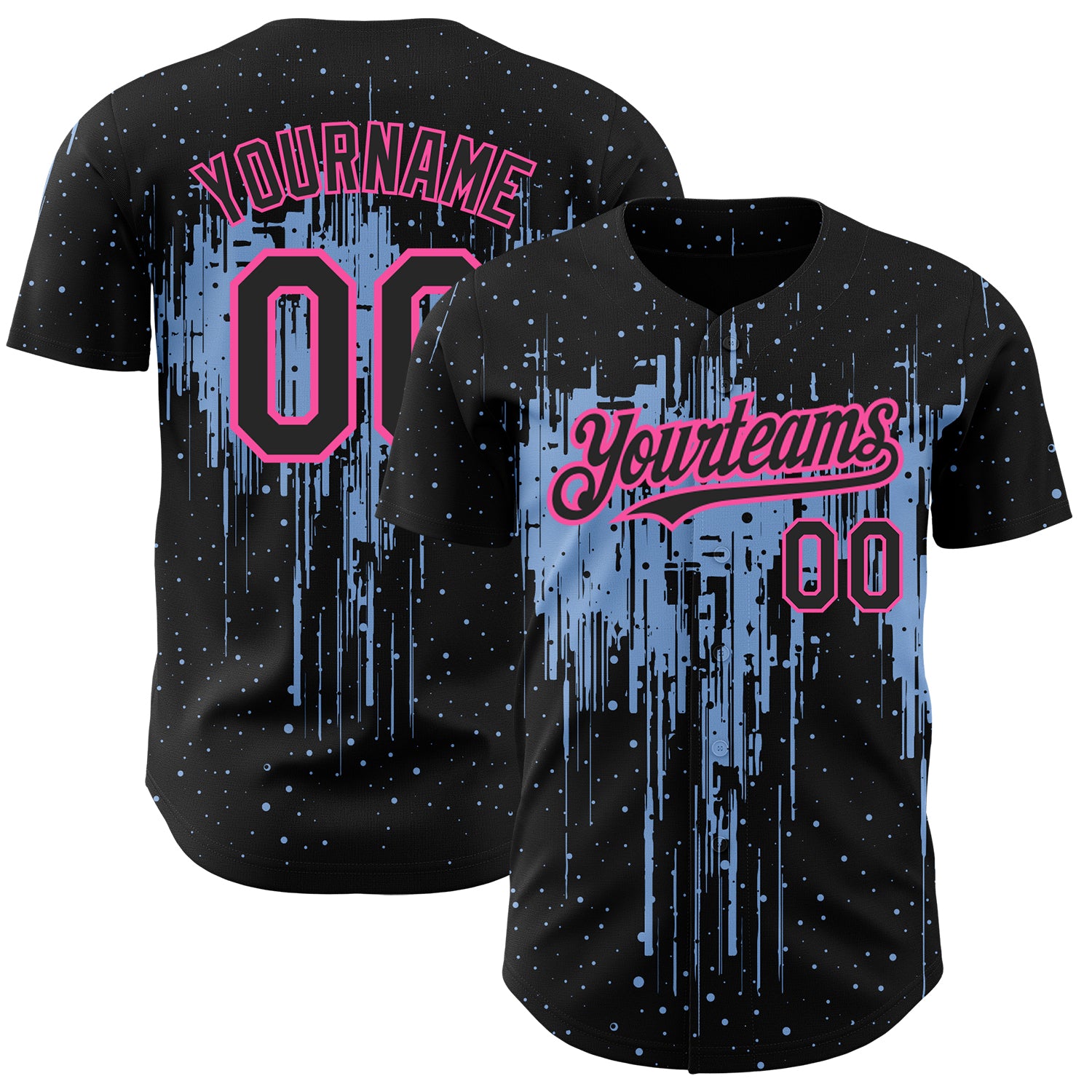 Custom Name and Number 3D Dripping Splatter Art Baseball Jersey - Personalized Black Light Blue-Pink Design Personalized