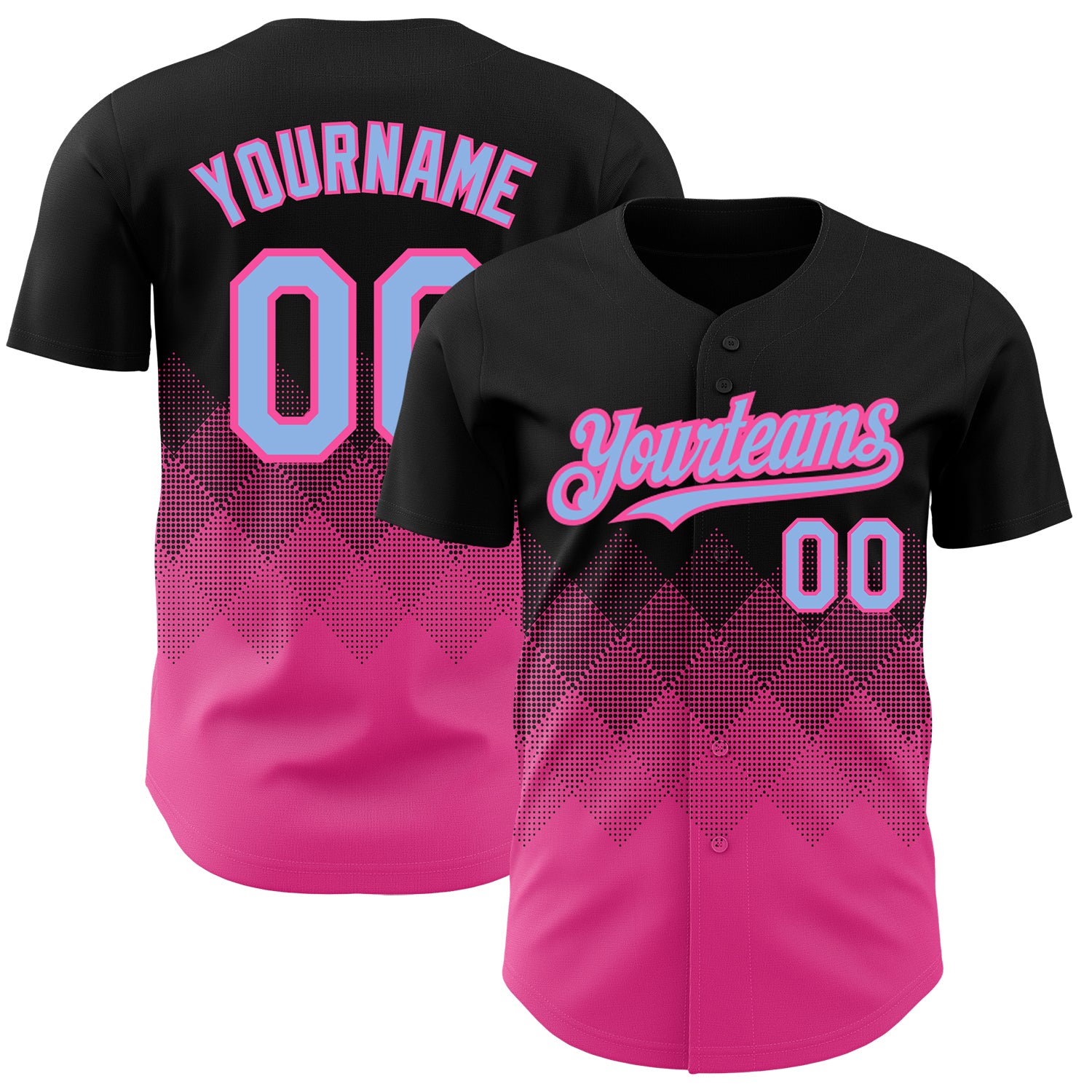 Custom Gradient Baseball Jersey with Personalized Name & Number - Black Light Blue Pink 3D Square Pattern Design Personalized