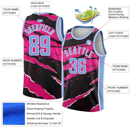 Custom Authentic Basketball Jersey with Torn Paper Style 3D Black Light Blue-Pink Design, Personalize Name & Number Personalized