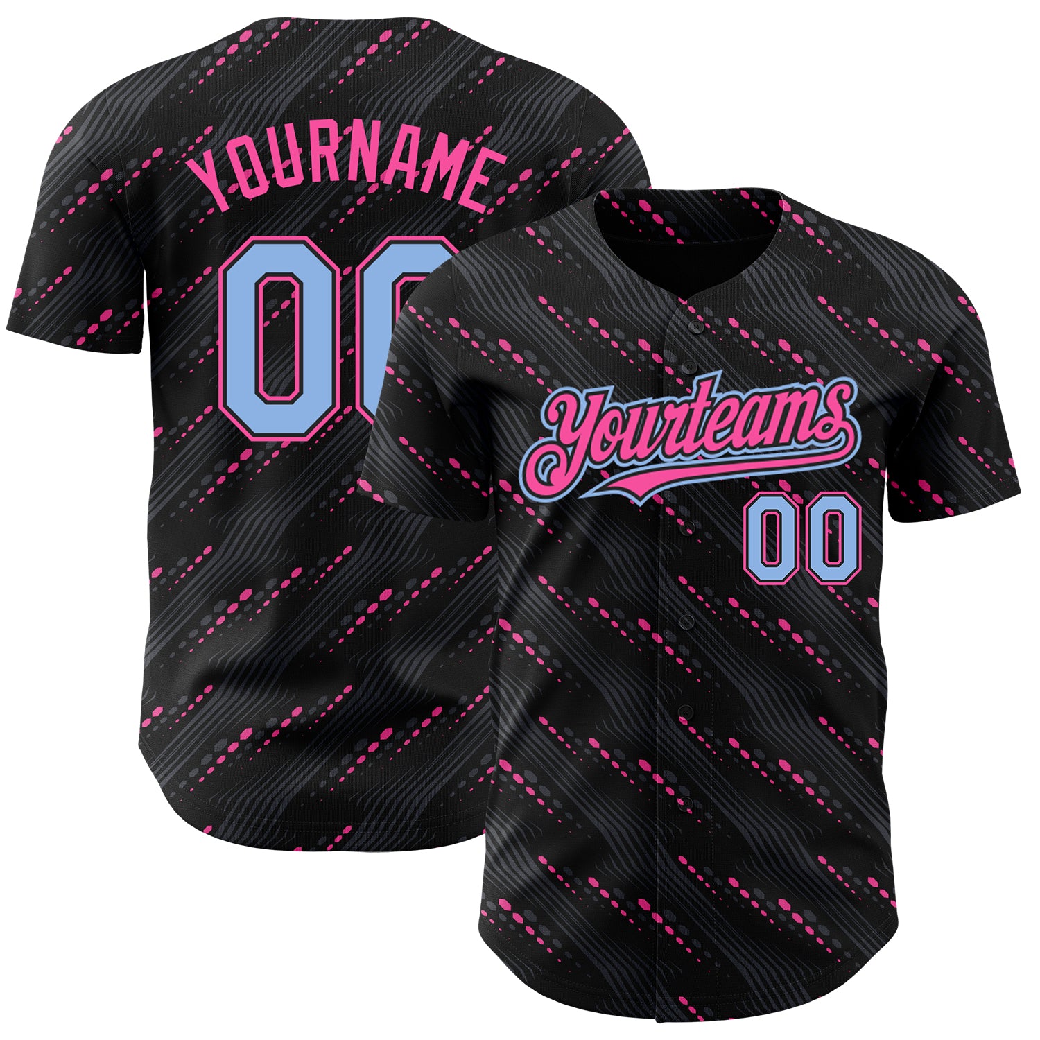 Personalized Black Light Blue Pink 3D Striped Baseball Jersey for Men and Women Personalized Black Light Blue-Pink 3D Slant