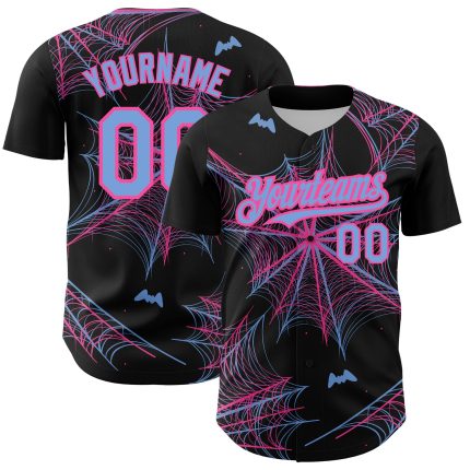 Custom 3D Spider Web Baseball Jersey in Black Light Blue-Pink Design Personalized Black Light Blue-Pink 3D Spider Web Baseball