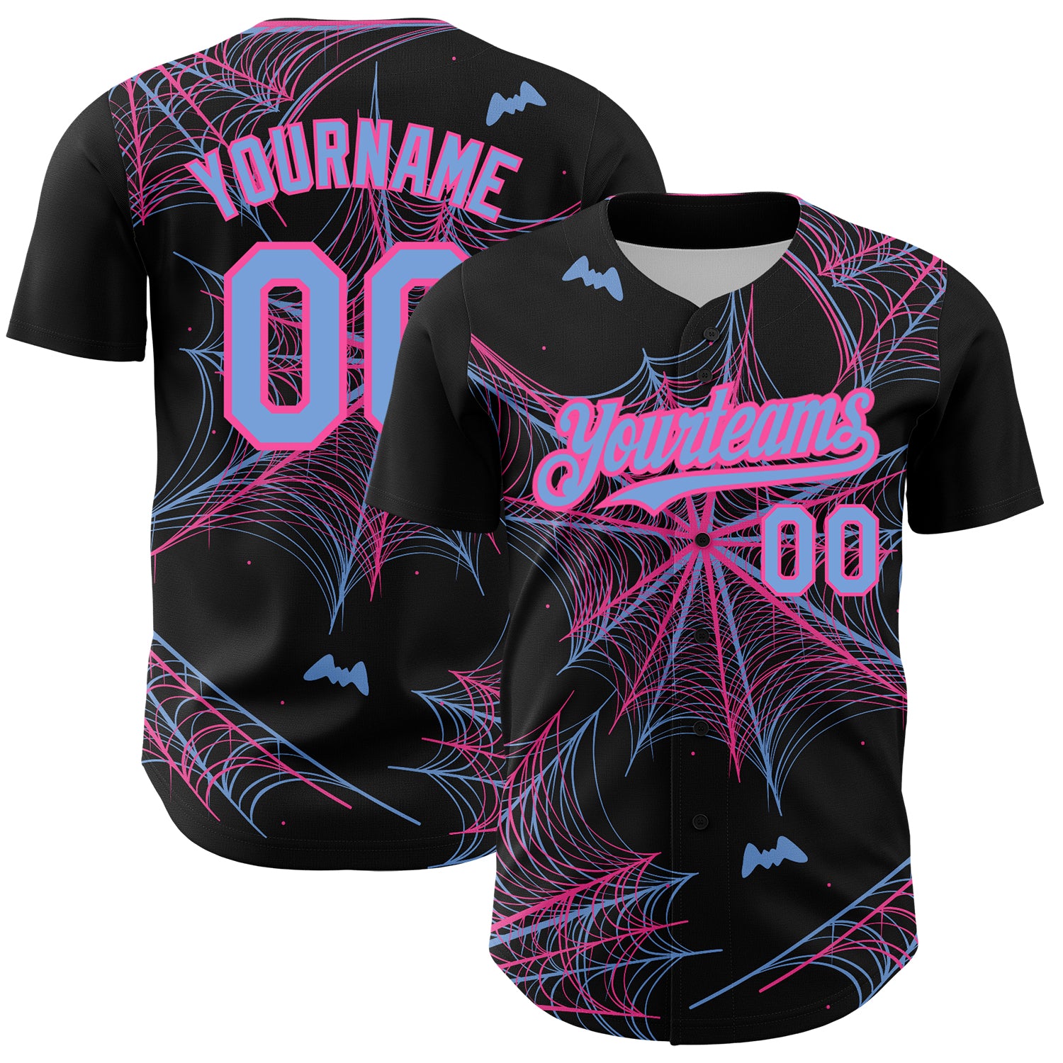Custom 3D Spider Web Baseball Jersey in Black Light Blue-Pink Design Personalized Black Light Blue-Pink 3D Spider Web Baseball