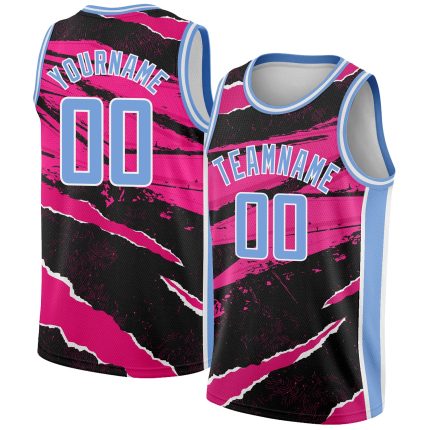 Personalized 3D Torn Paper Style Basketball Jersey in Black Light Blue-Pink Personalized Black Light Blue-Pink 3D Torn Paper