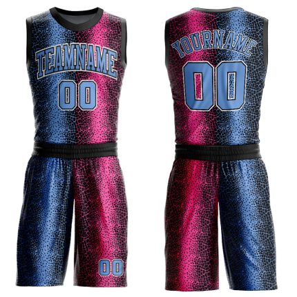 Personalized Animal Fur Print Basketball Jersey Sublimation Black Light Blue-Pink Round Neck Personalized Black Light Blue-Pink
