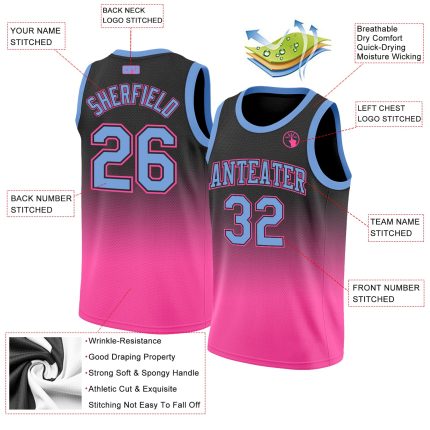 Custom Name Number Basketball Jersey - Personalized Black Light Blue Pink Authentic Fade Fashion Personalized Black Light
