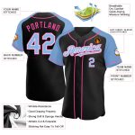 Personalized Black Light Blue Pink Baseball Jersey with Authentic Raglan Sleeves Personalized Black Light Blue-Pink Authentic