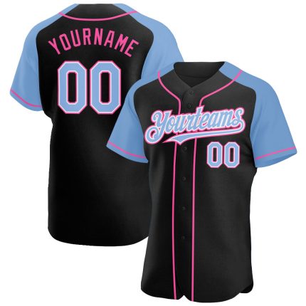 Personalized Black Light Blue Pink Baseball Jersey with Authentic Raglan Sleeves Personalized Black Light Blue-Pink Authentic