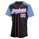 Personalized Black Light Blue Pink Baseball Jersey with Authentic Raglan Sleeves Personalized Black Light Blue-Pink Authentic