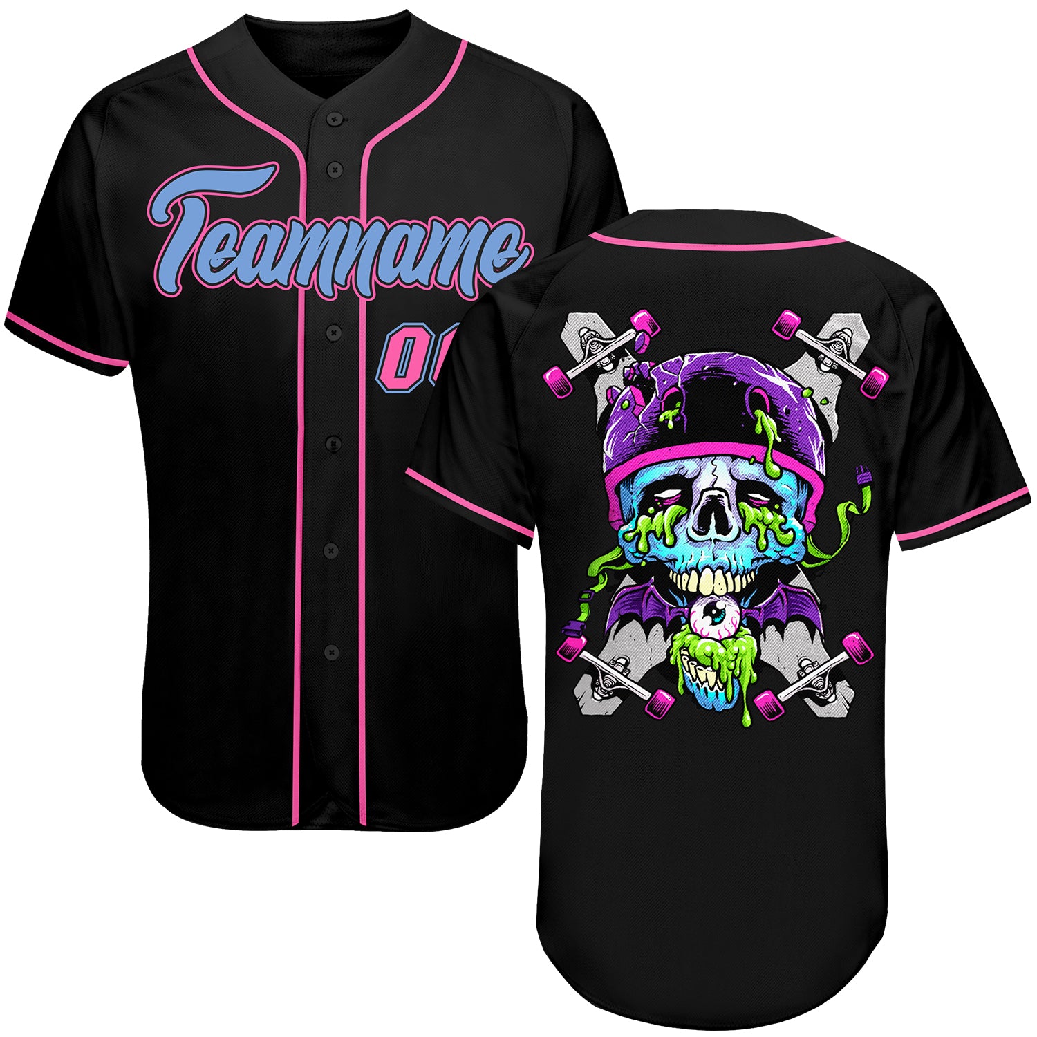 Custom Name and Number Personalized Black Light Blue-Pink Skull Baseball Jersey Fashion Personalized Black Light Blue-Pink