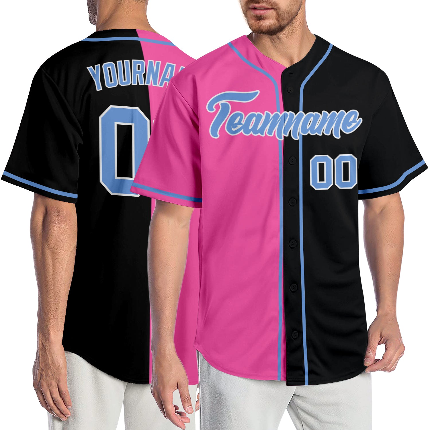 Personalized Authentic Baseball Jersey - Black Light Blue Pink Split Design Personalized Black Light Blue-Pink Authentic
