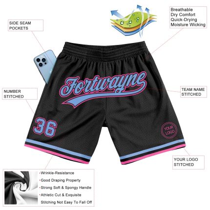 Personalized Black Light Blue Pink Basketball Shorts - Authentic Throwback Style Personalized Black Light Blue-Pink Authentic