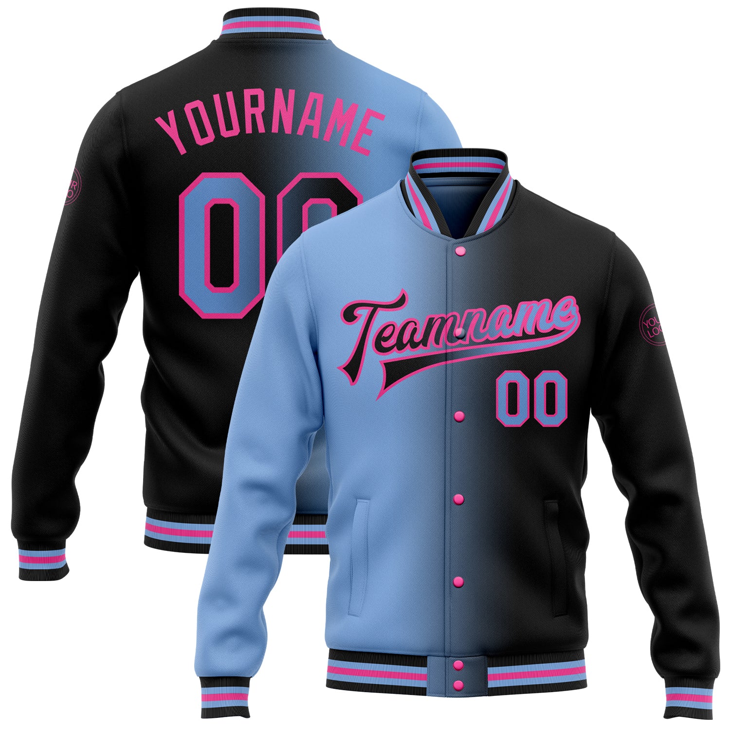 Custom Gradient Black Light Blue-Pink Varsity Bomber Jacket with Name and Number - Full-Snap Fashion Letterman Style Personalized