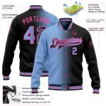 Personalized Gradient Black Light Blue Pink Varsity Letterman Bomber Jacket Full-Snap Fashion Outerwear Personalized Black