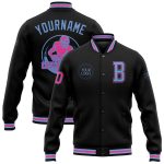Personalized Varsity Letterman Jacket Black Light Blue Pink Full-Snap Bomber Personalized Black Light Blue-Pink Bomber Full-Snap