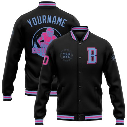 Personalized Varsity Letterman Jacket Black Light Blue Pink Full-Snap Bomber Personalized Black Light Blue-Pink Bomber Full-Snap