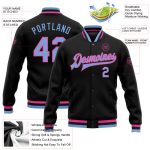 Custom Personalized Varsity Letterman Jacket in Black, Light Blue, and Pink - Full-Snap Bomber with Team Name and Number