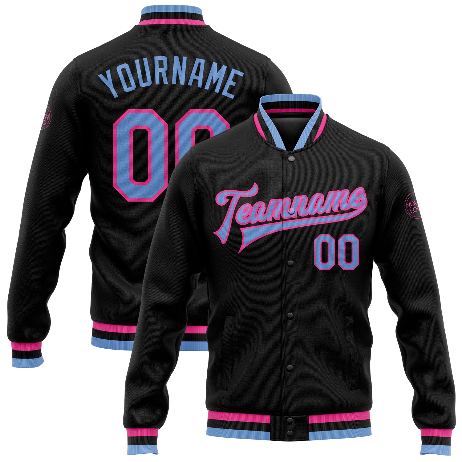 Custom Personalized Varsity Letterman Jacket in Black, Light Blue, and Pink - Full-Snap Bomber with Team Name and Number