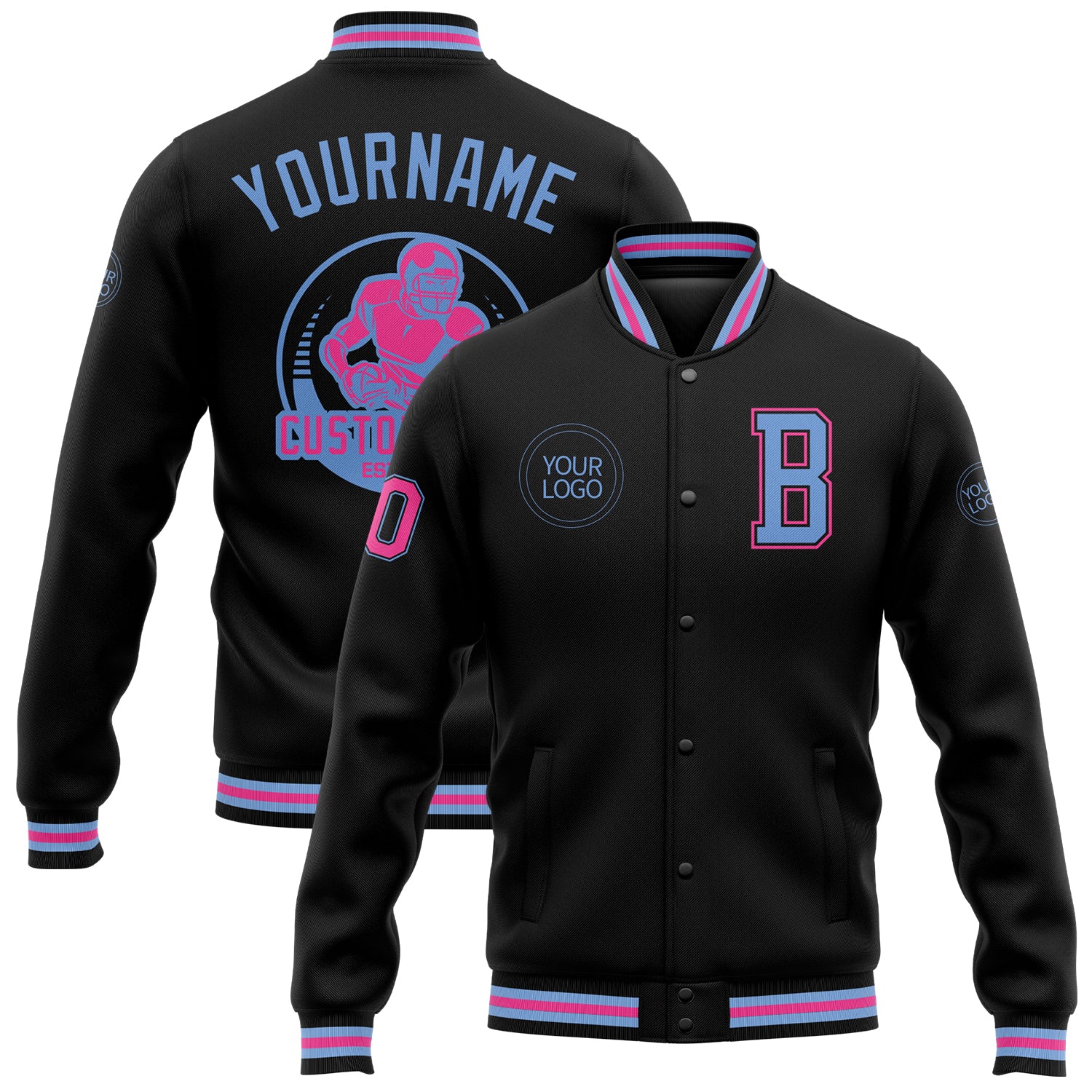 Personalized Bomber Jacket Black Light Blue Pink Full-Snap Varsity Letterman Personalized Black Light Blue-Pink Bomber Full-Snap