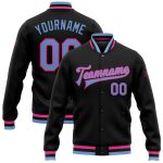 Personalized Black Light Blue Pink Varsity Bomber Full-Snap Letterman Jacket Personalized Black Light Blue-Pink Bomber Full-Snap