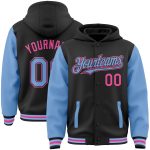 Personalized Bomber Hoodie Jacket Two Tone Light Blue Pink Varsity Letterman Custom Name Number Personalized Black Light