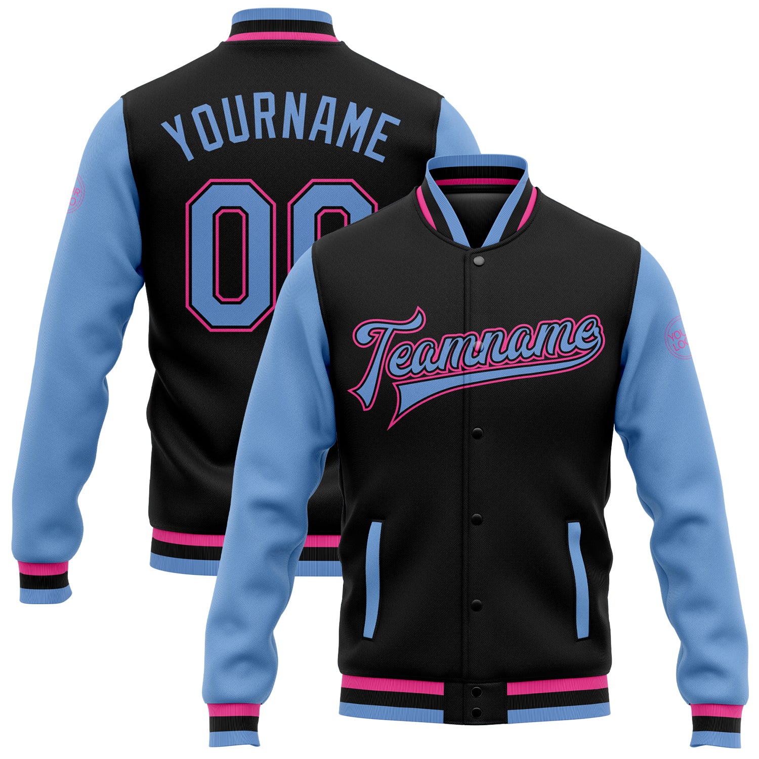 Custom Name and Number Bomber Varsity Jacket Two Tone Black Light Blue-Pink Full-Snap Personalized Black Light Blue-Pink