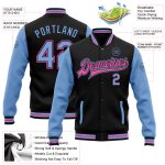 Personalized Two Tone Varsity Letterman Jacket Black Light Blue Pink Bomber Full-Snap Personalized Black Light Blue-Pink
