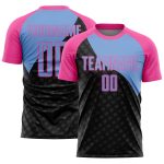 Personalized Soccer Uniform Jersey with Black Light Blue-Pink Curve Lines Design Personalized Black Light Blue-Pink Curve