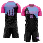 Personalized Soccer Uniform Jersey with Black Light Blue-Pink Curve Lines Design Personalized Black Light Blue-Pink Curve