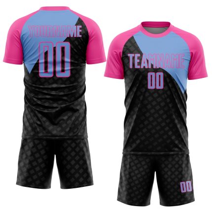 Personalized Soccer Uniform Jersey with Black Light Blue-Pink Curve Lines Design Personalized Black Light Blue-Pink Curve