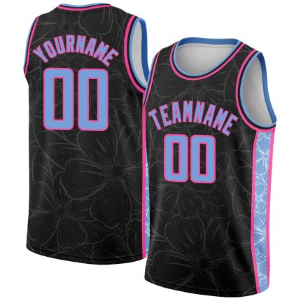 Custom Name Number Basketball Jersey - Personalized Black Light Blue-Pink Flowers Authentic City Edition Personalized Black