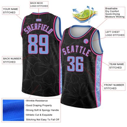 Custom Name Number Basketball Jersey - Personalized Black Light Blue-Pink Flowers Authentic City Edition Personalized Black