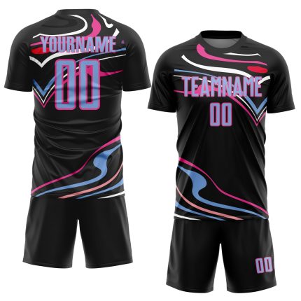 Personalized Soccer Uniform Jersey in Black Light Blue-Pink Fluid Shapes Design Personalized Black Light Blue-Pink Fluid