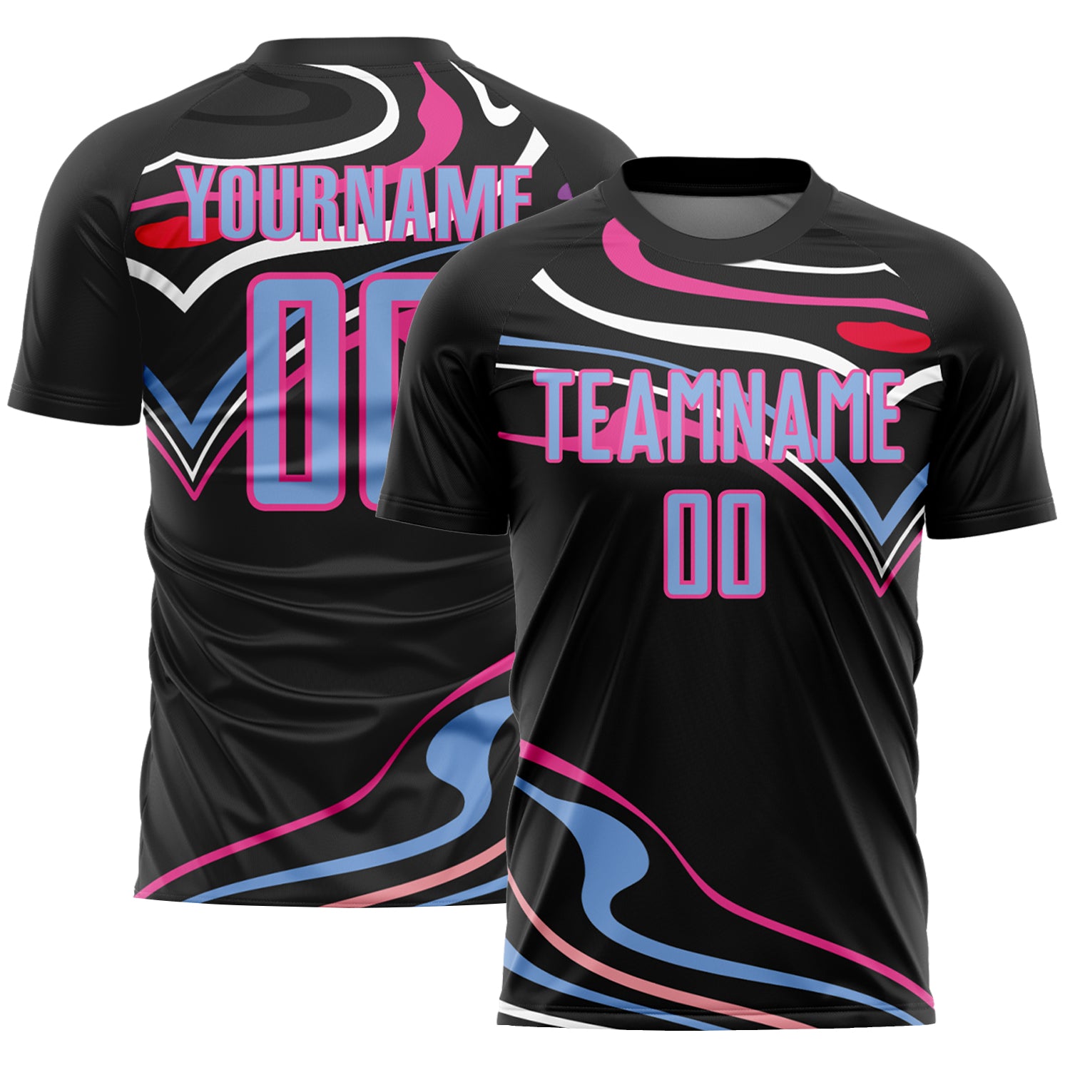 Customizable Black Light Blue-Pink Fluid Shapes Soccer Jersey with Name and Number - Personalized Team Uniform Personalized
