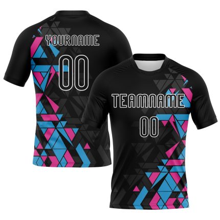 Custom Sublimation Volleyball Jersey with Name & Number - Personalized Black Light Blue-Pink Geometric Design Uniform Personalized