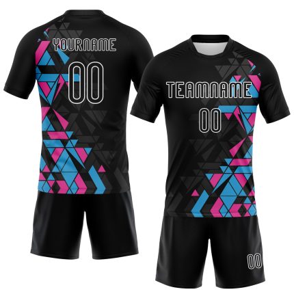 Custom Sublimation Volleyball Jersey with Name & Number - Personalized Black Light Blue-Pink Geometric Design Uniform Personalized