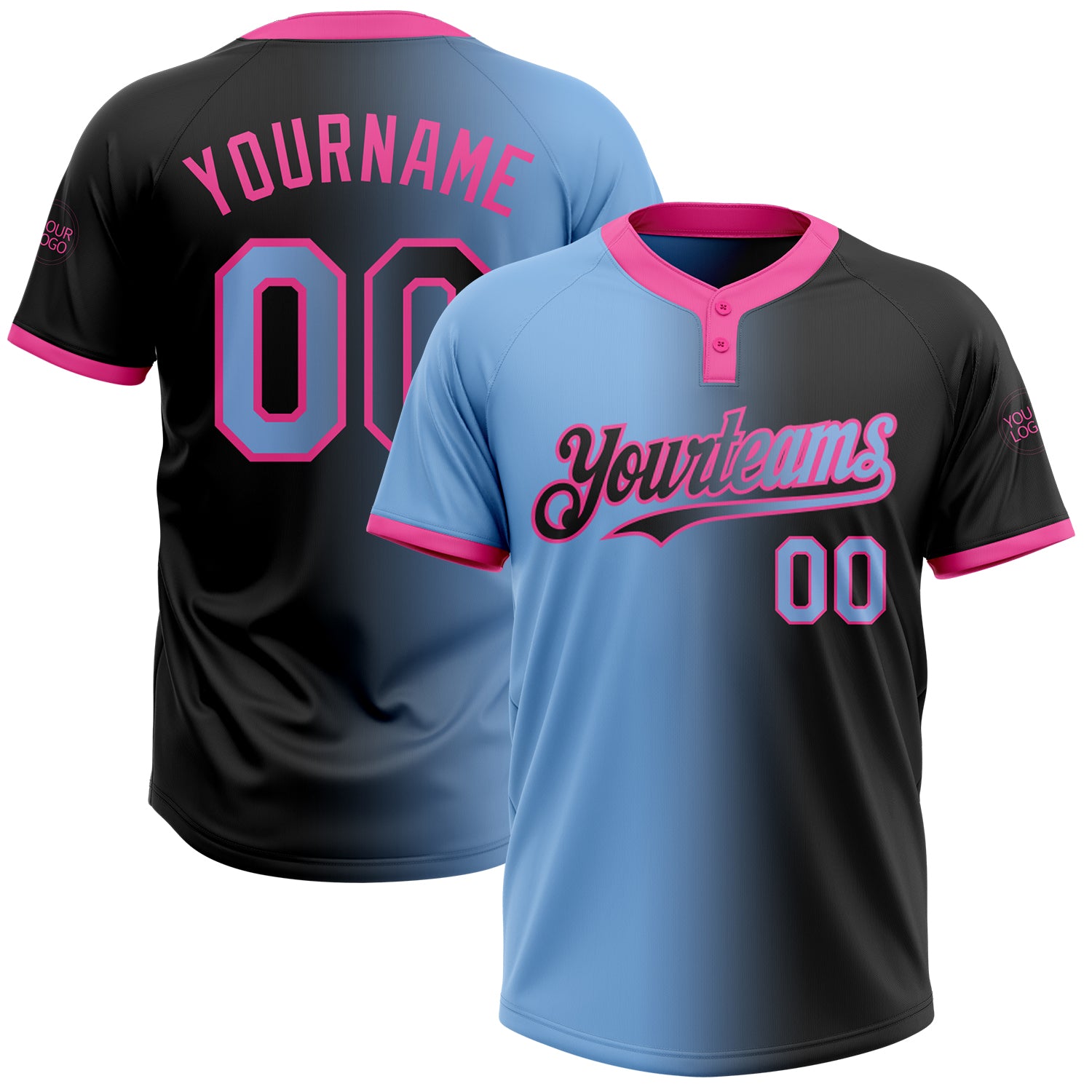Custom Name Number Unisex Softball Jersey - Personalized Black Light Blue Pink Gradient Fashion Two-Button Design Personalized
