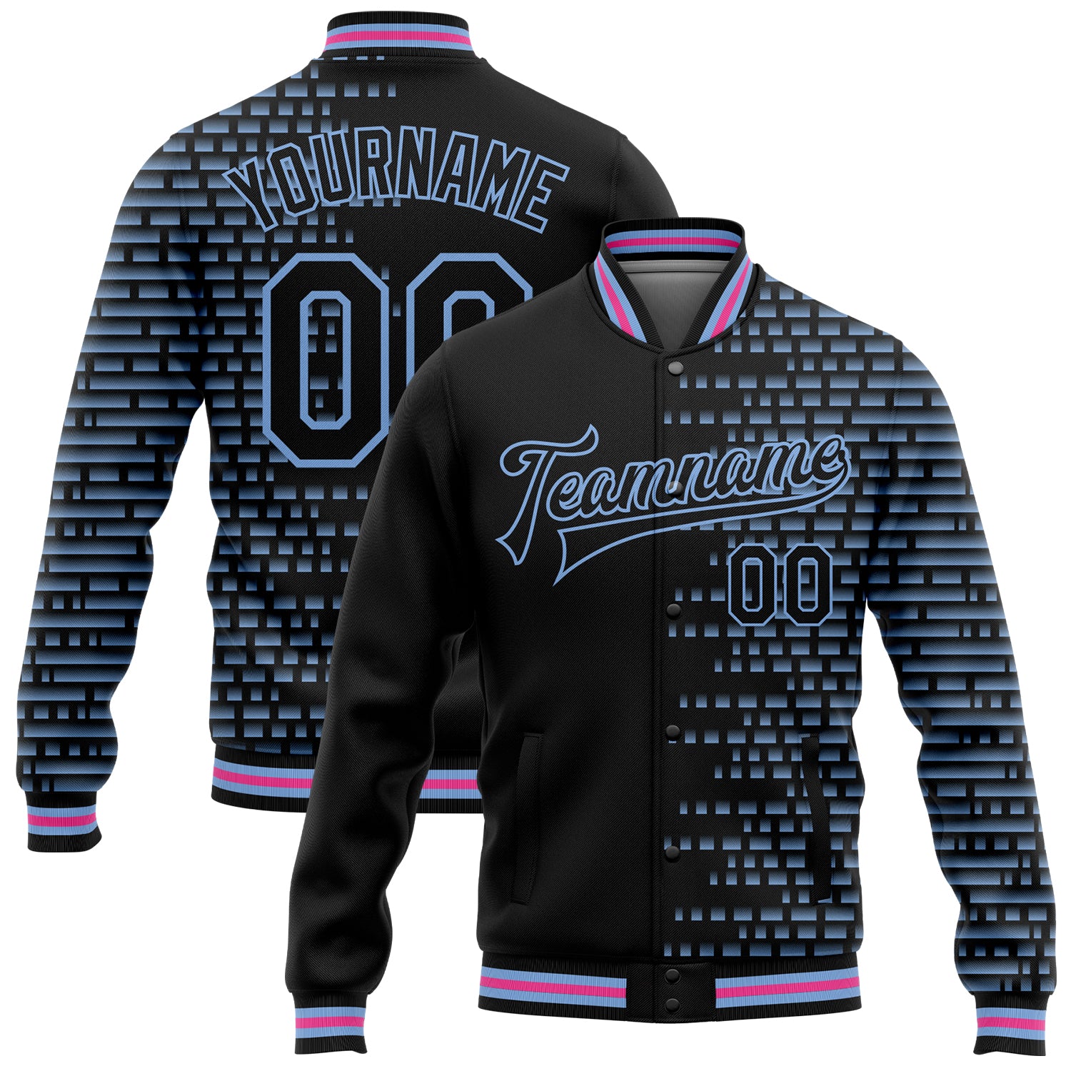 Custom Name & Number Bomber Jacket - Personalized 3D Pattern Design in Black Light Blue-Pink Halftone, Full-Snap Varsity Letterman