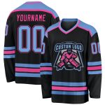 Personalized Light Blue Pink Hockey Jersey - Custom Black Team Gear Personalized Black Light Blue-Pink Hockey Jersey