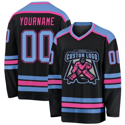 Personalized Light Blue Pink Hockey Jersey - Custom Black Team Gear Personalized Black Light Blue-Pink Hockey Jersey