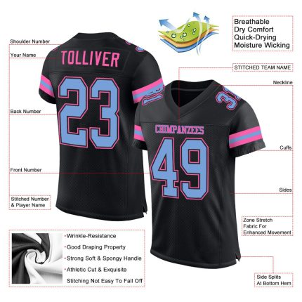Personalized Football Jersey in Black Light Blue and Pink Mesh for Custom Style Personalized Black Light Blue-Pink Mesh Football