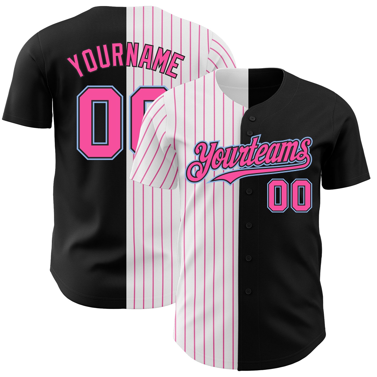 Custom Name and Number Baseball Jersey - Personalized Black Light Blue-Pink Pinstripe Authentic Split Fashion Personalized