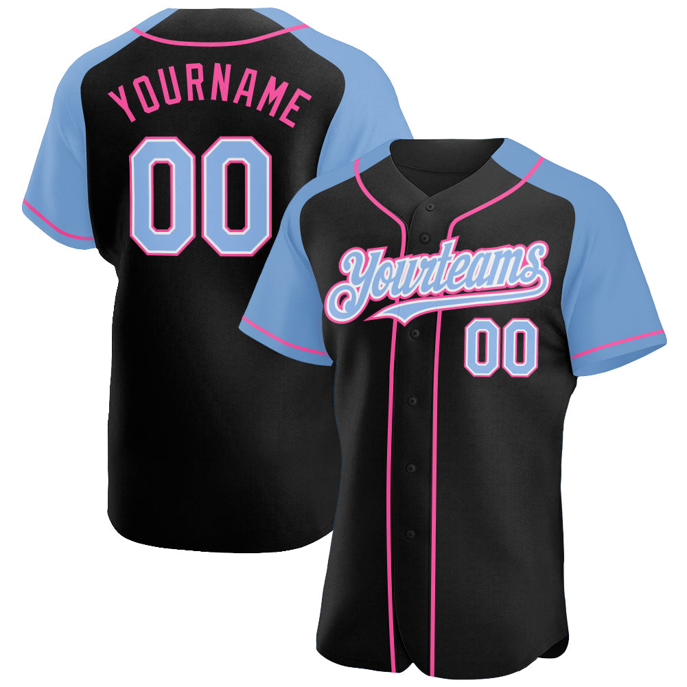 Personalized Black Light Blue Pink Baseball Jersey Raglan Sleeves for Men and Women Personalized Black Light Blue-Pink Raglan